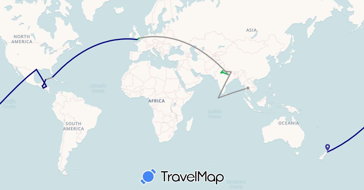 TravelMap itinerary: driving, bus, plane in Belize, Cuba, United Kingdom, Honduras, India, Maldives, Mexico, Nepal, New Zealand, El Salvador, Thailand, United States (Asia, Europe, North America, Oceania)